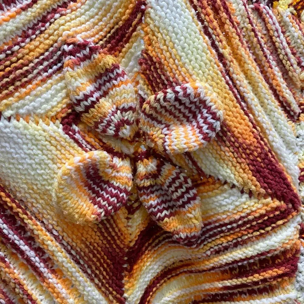 Handmade Knit Mitered Diamond Afghan Throw Blanket Gold Brown 63x58